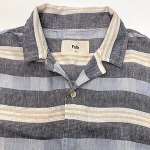Folk Blue Stripe Linen Cotton Blend Short Sleeve Button Up Casual Mens Medium